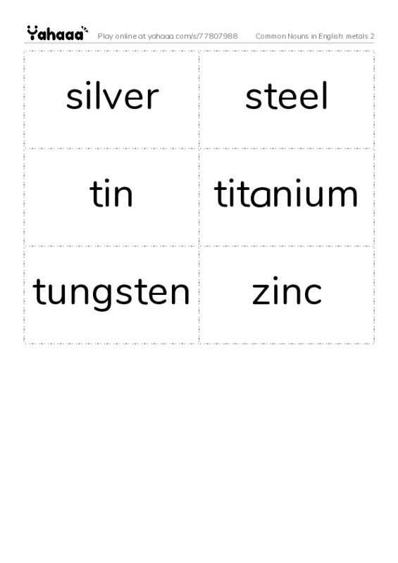 Common Nouns in English: metals 2 PDF two columns flashcards