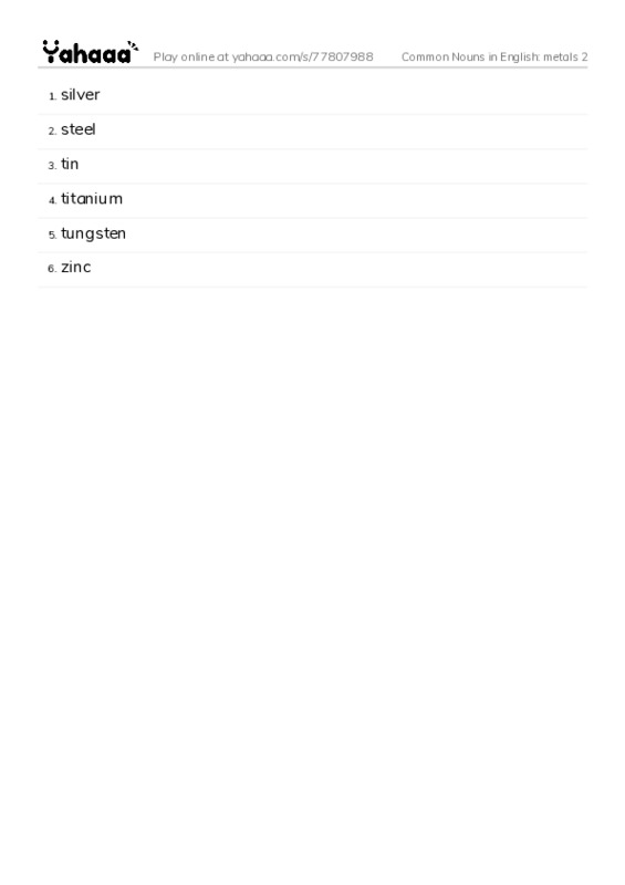Common Nouns in English: metals 2 PDF words glossary