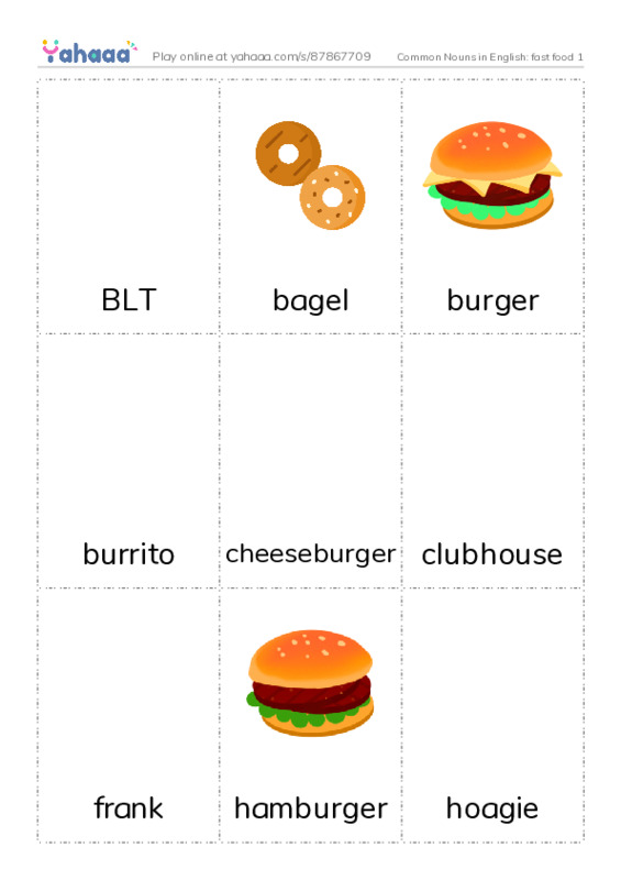 Common Nouns in English: fast food 1 PDF flaschards with images