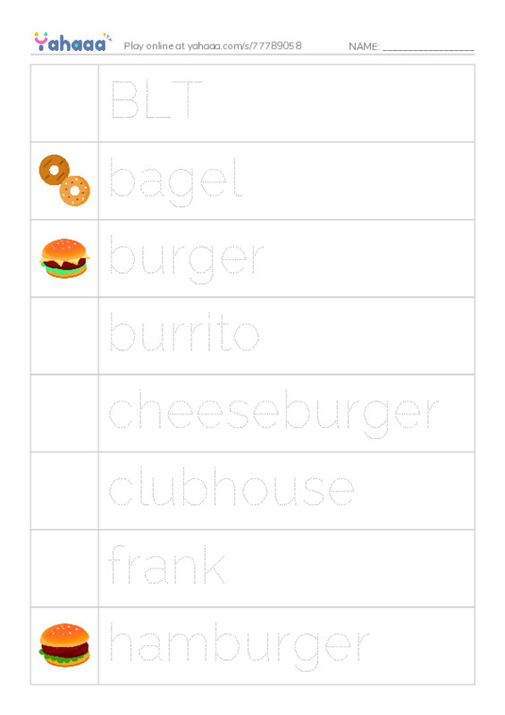 Common Nouns in English: fast food 1 PDF one column image words