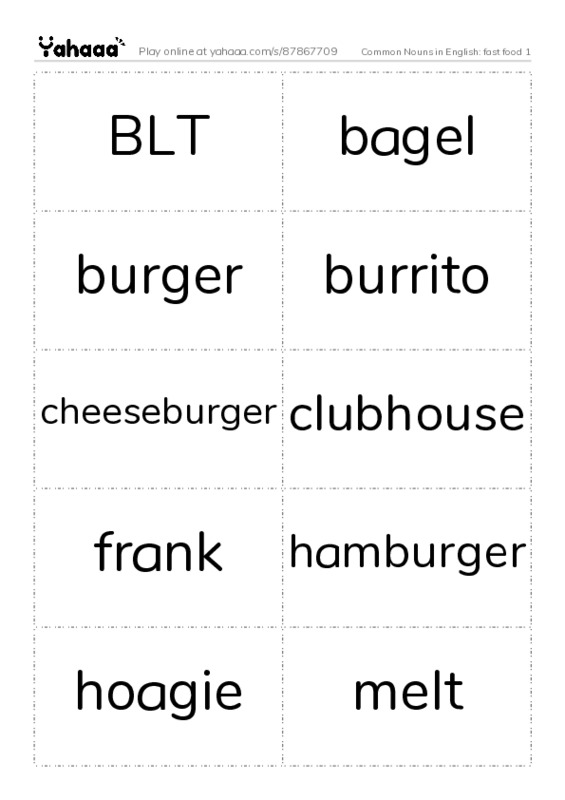 Common Nouns in English: fast food 1 PDF two columns flashcards