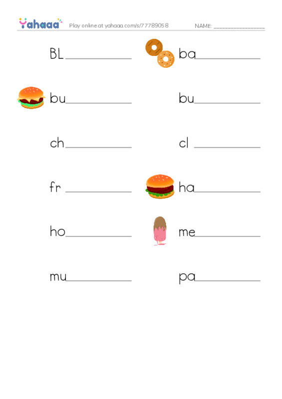 Common Nouns in English: fast food 1 PDF worksheet writing row