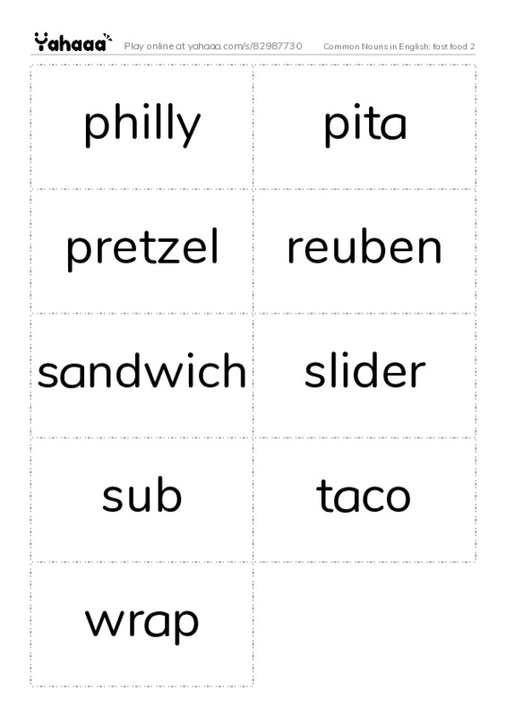 Common Nouns in English: fast food 2 PDF two columns flashcards