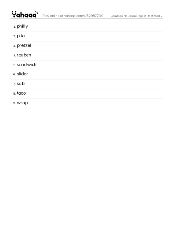 Common Nouns in English: fast food 2 PDF words glossary