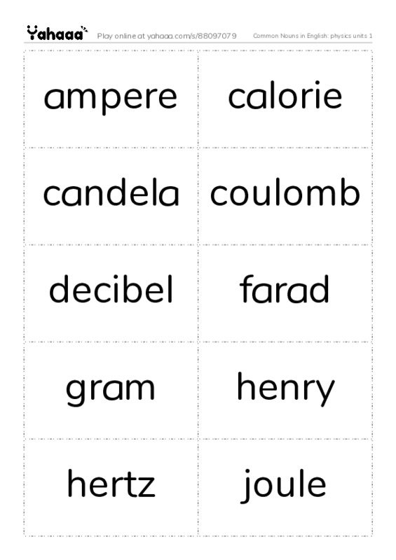 Common Nouns in English: physics units 1 PDF two columns flashcards