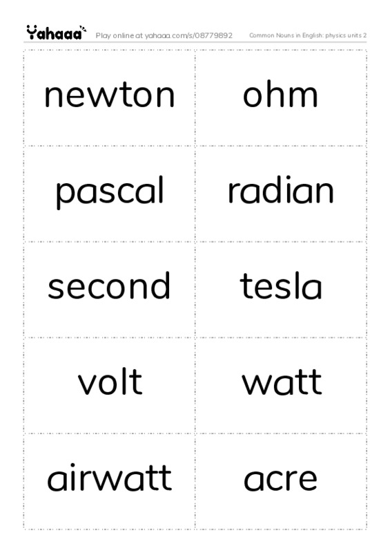 Common Nouns in English: physics units 2 PDF two columns flashcards