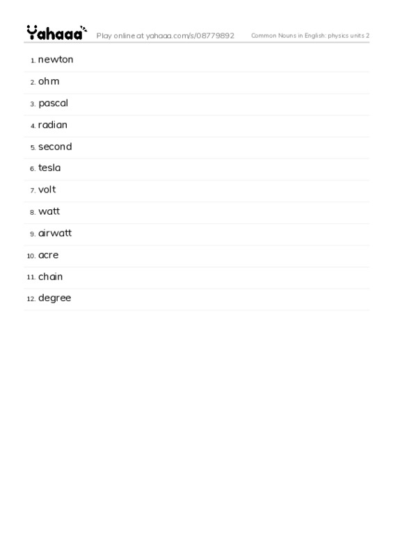 Common Nouns in English: physics units 2 PDF words glossary