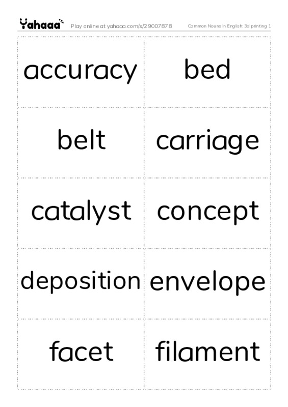 Common Nouns in English: 3d printing 1 PDF two columns flashcards