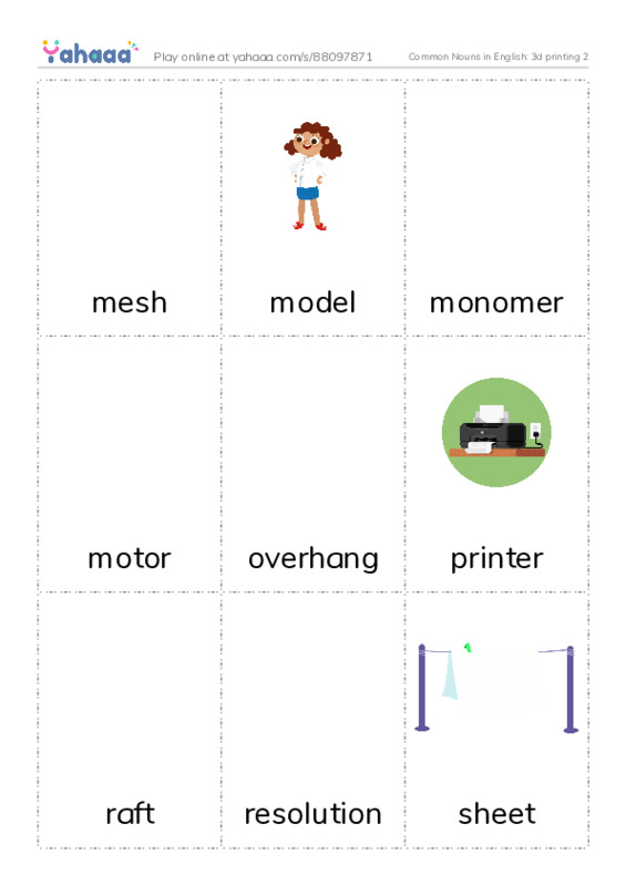 Common Nouns in English: 3d printing 2 PDF flaschards with images