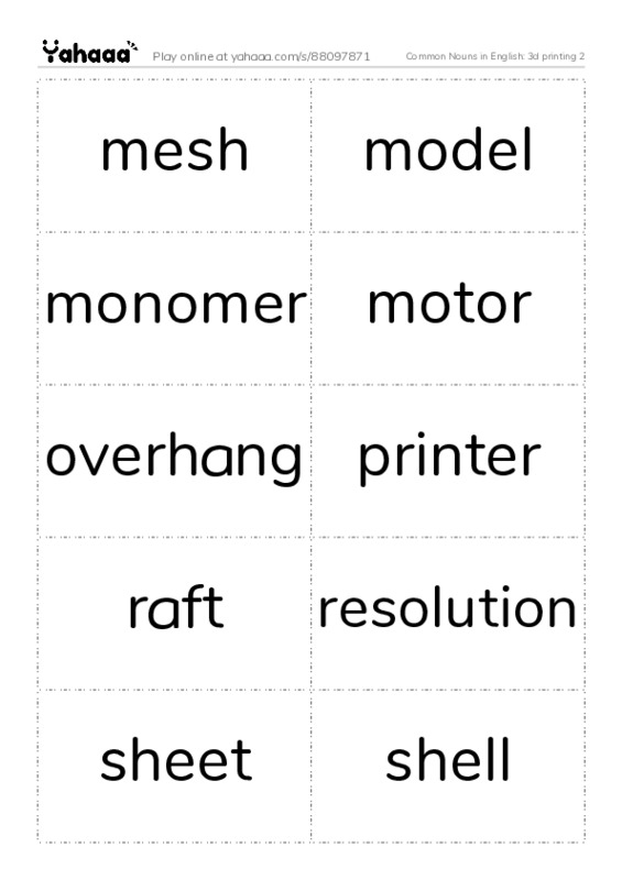 Common Nouns in English: 3d printing 2 PDF two columns flashcards