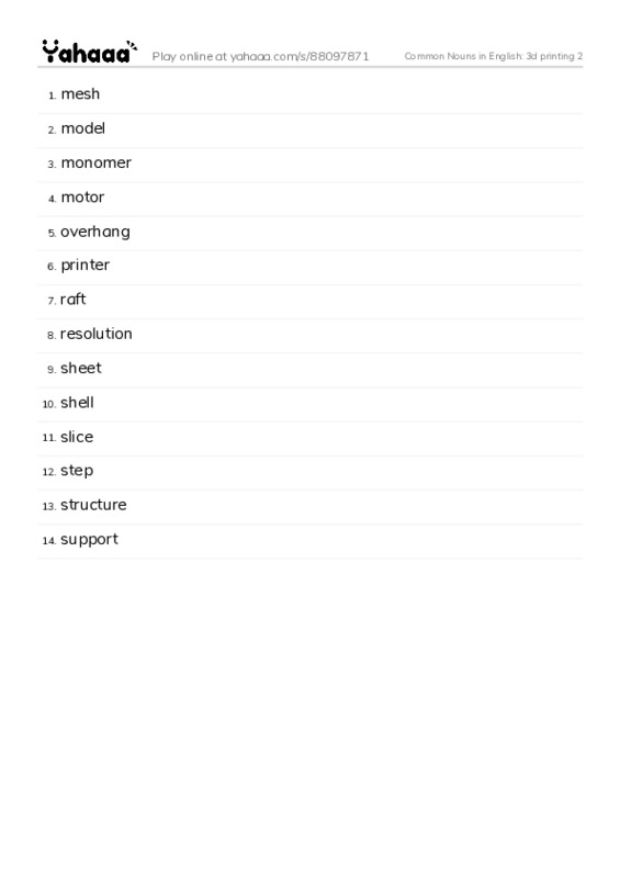 Common Nouns in English: 3d printing 2 PDF words glossary