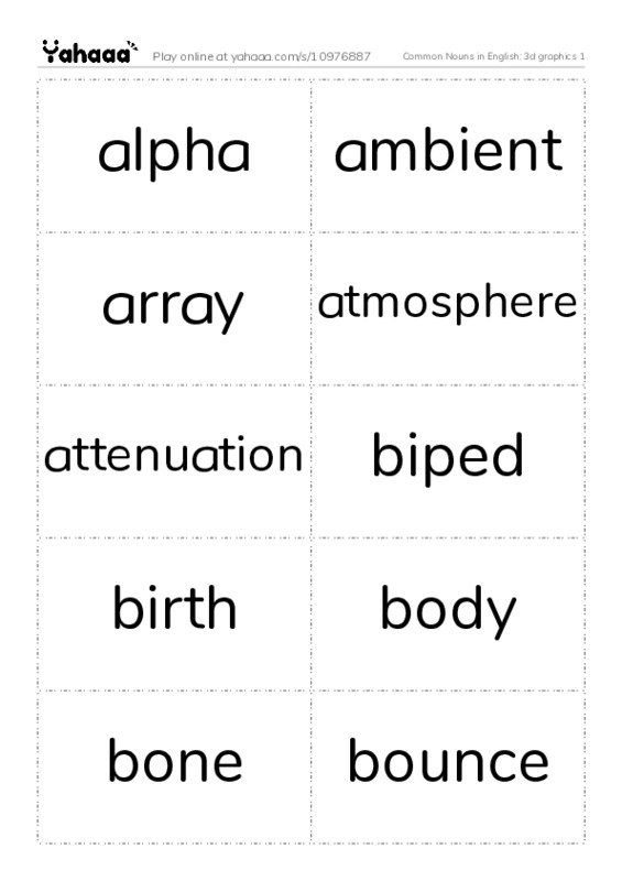 Common Nouns in English: 3d graphics 1 PDF two columns flashcards