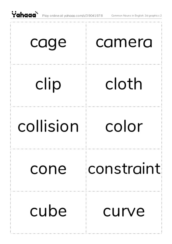 Common Nouns in English: 3d graphics 2 PDF two columns flashcards