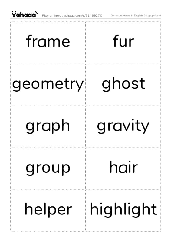 Common Nouns in English: 3d graphics 4 PDF two columns flashcards