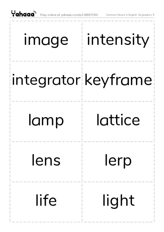 Common Nouns in English: 3d graphics 5 PDF two columns flashcards