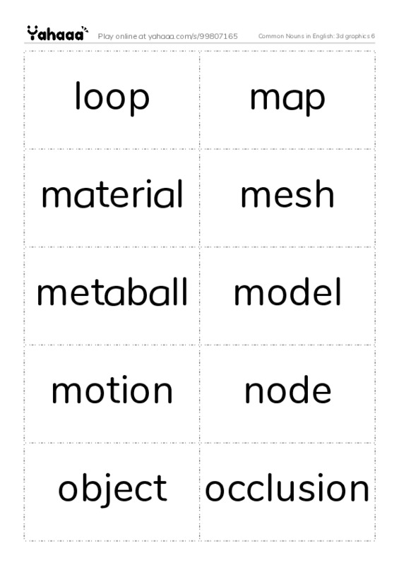 Common Nouns in English: 3d graphics 6 PDF two columns flashcards