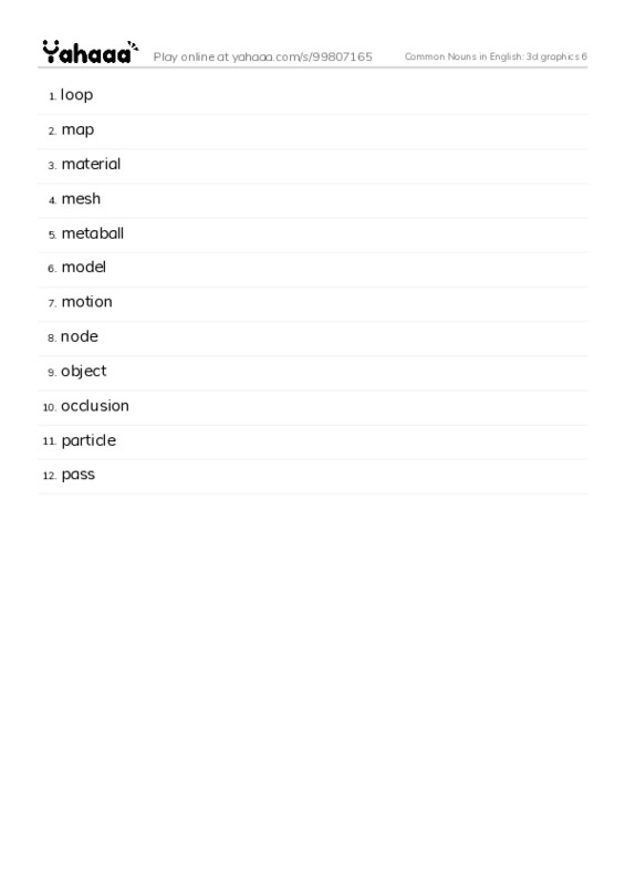 Common Nouns in English: 3d graphics 6 PDF words glossary
