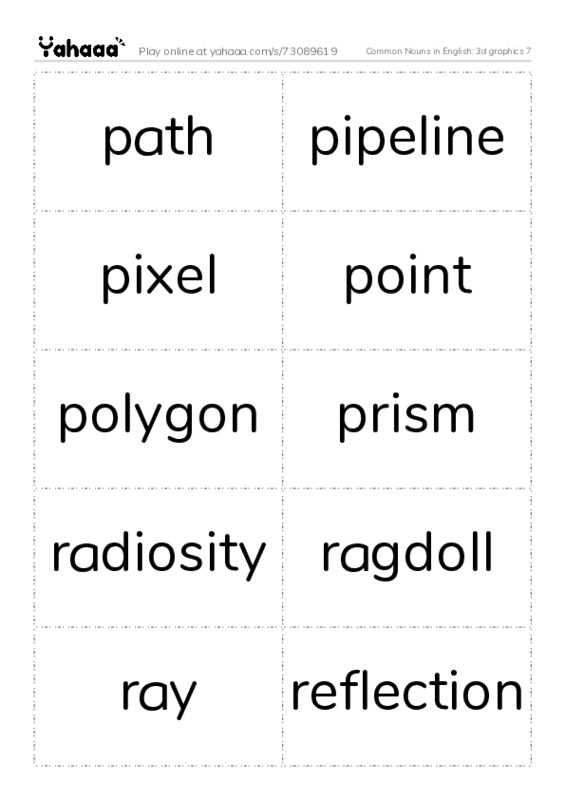 Common Nouns in English: 3d graphics 7 PDF two columns flashcards