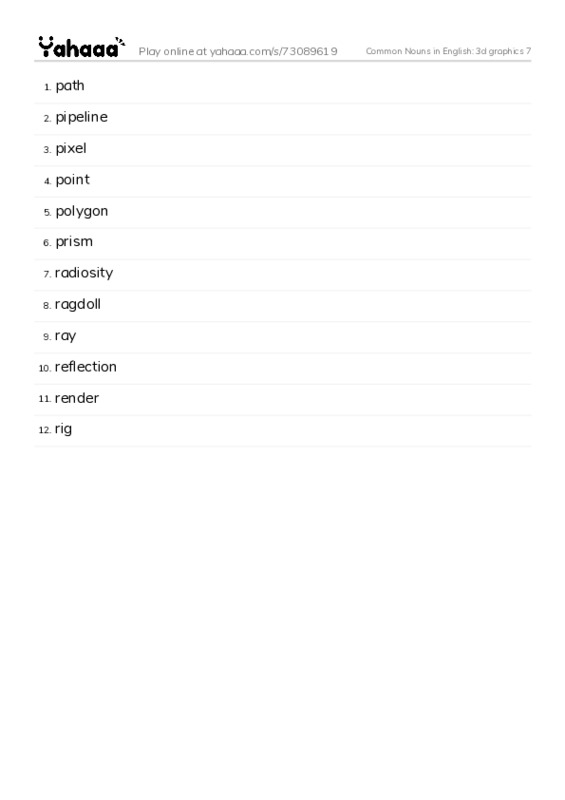 Common Nouns in English: 3d graphics 7 PDF words glossary
