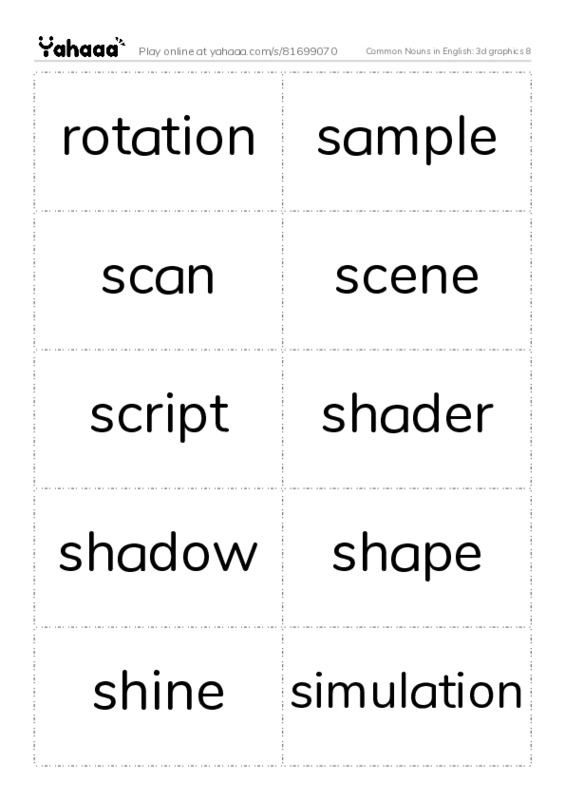 Common Nouns in English: 3d graphics 8 PDF two columns flashcards
