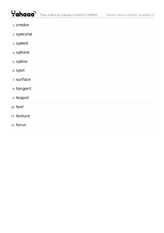 Common Nouns in English: 3d graphics 9 PDF words glossary