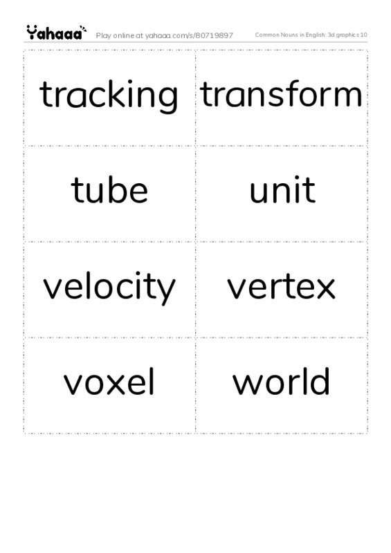Common Nouns in English: 3d graphics 10 PDF two columns flashcards