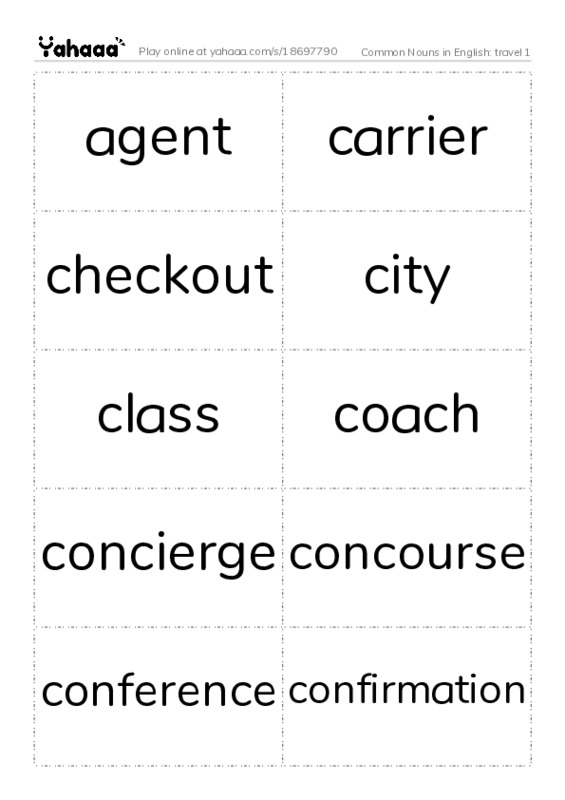 Common Nouns in English: travel 1 PDF two columns flashcards
