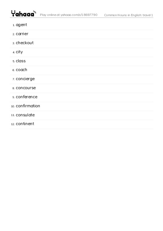 Common Nouns in English: travel 1 PDF words glossary
