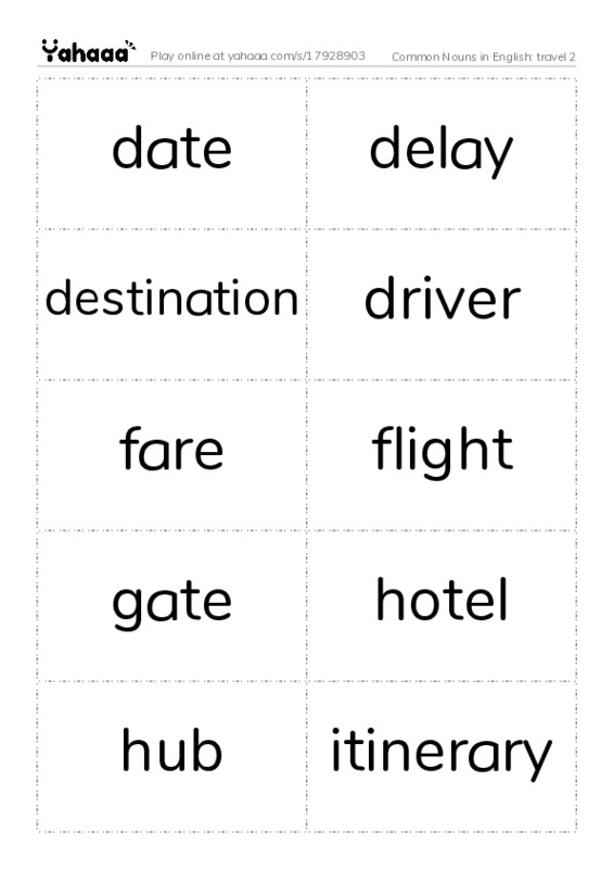 Common Nouns in English: travel 2 PDF two columns flashcards