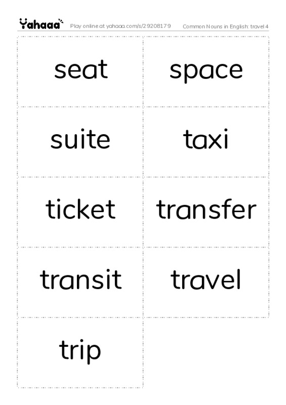 Common Nouns in English: travel 4 PDF two columns flashcards