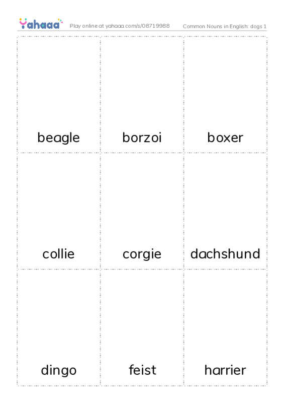 Common Nouns in English: dogs 1 PDF flaschards with images