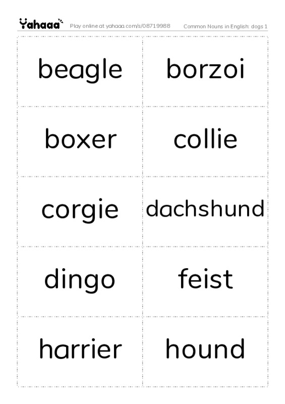 Common Nouns in English: dogs 1 PDF two columns flashcards