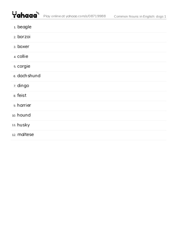Common Nouns in English: dogs 1 PDF words glossary