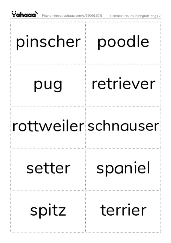 Common Nouns in English: dogs 2 PDF two columns flashcards