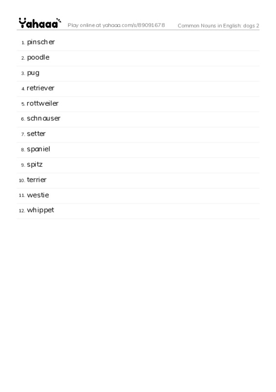 Common Nouns in English: dogs 2 PDF words glossary