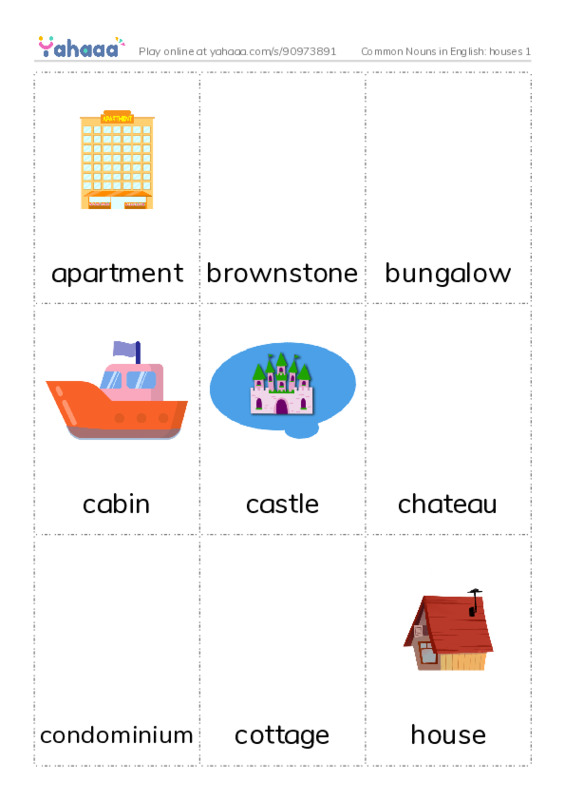 Common Nouns in English: houses 1 PDF flaschards with images