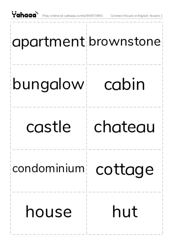 Common Nouns in English: houses 1 PDF two columns flashcards