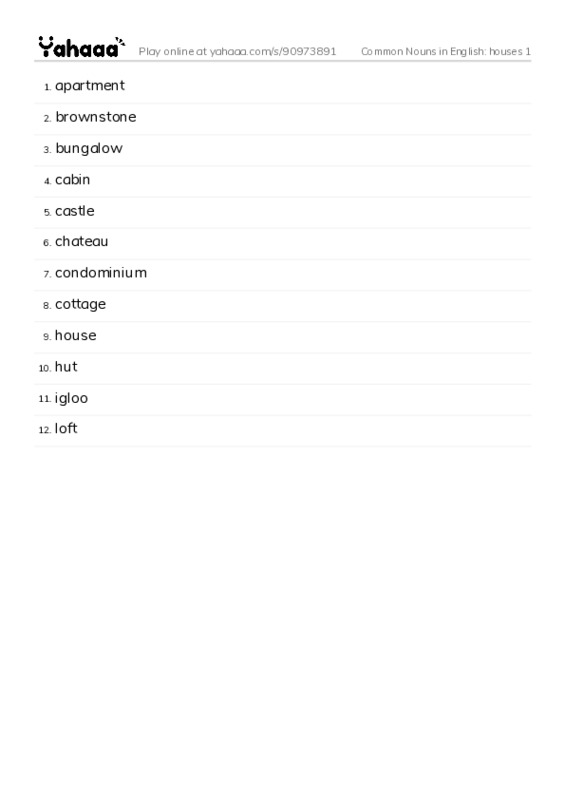 Common Nouns in English: houses 1 PDF words glossary