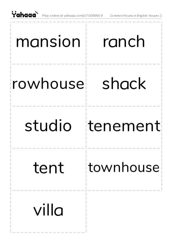 Common Nouns in English: houses 2 PDF two columns flashcards