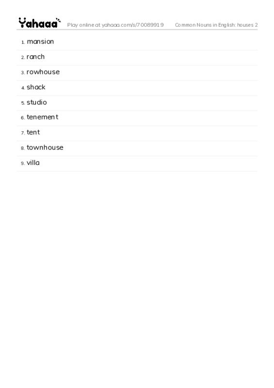 Common Nouns in English: houses 2 PDF words glossary