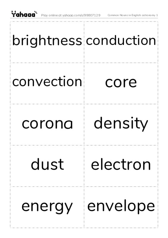 Common Nouns in English: astronomy 1 PDF two columns flashcards