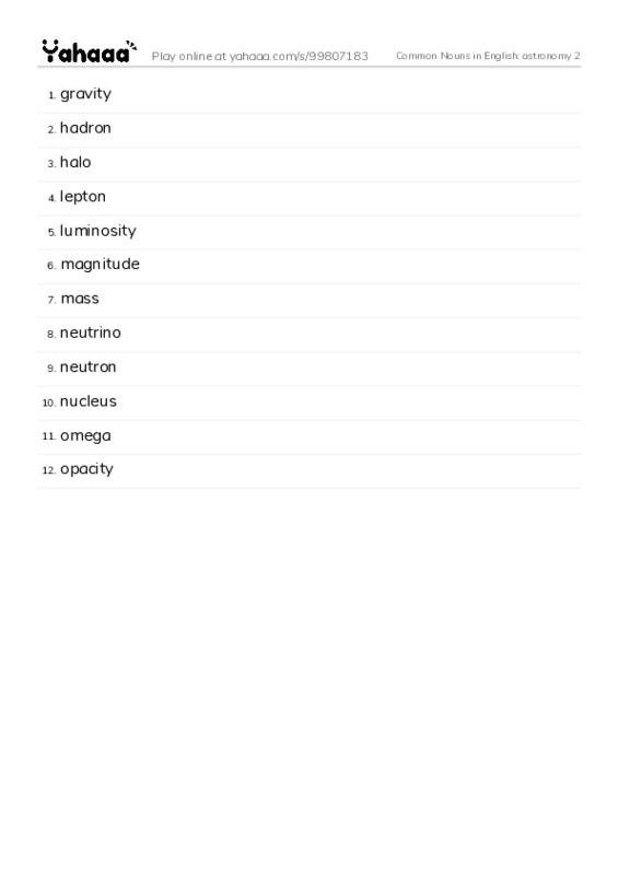 Common Nouns in English: astronomy 2 PDF words glossary