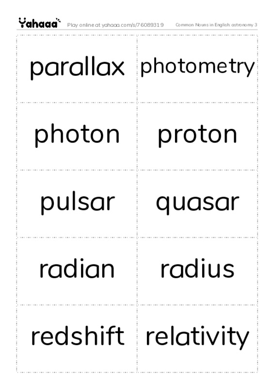Common Nouns in English: astronomy 3 PDF two columns flashcards