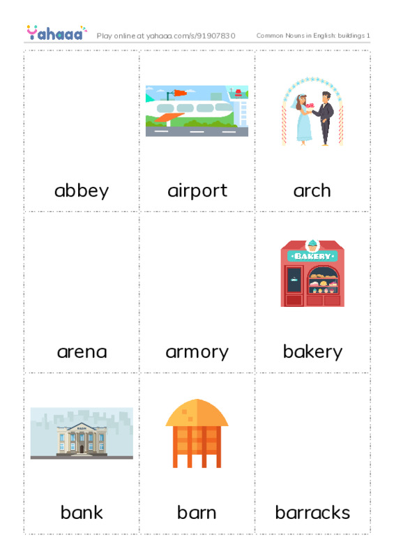 Common Nouns in English: buildings 1 PDF flaschards with images