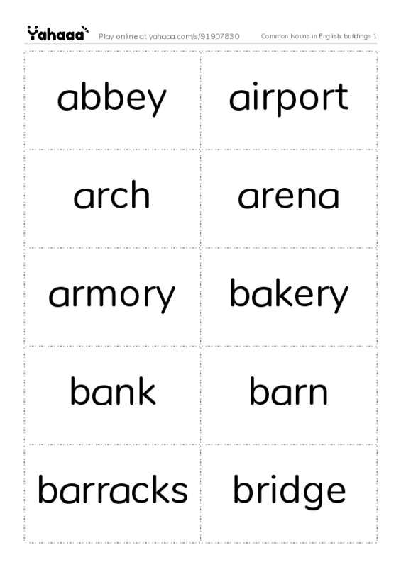 Common Nouns in English: buildings 1 PDF two columns flashcards