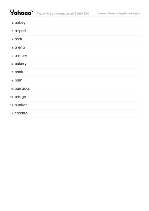 Common Nouns in English: buildings 1 PDF words glossary