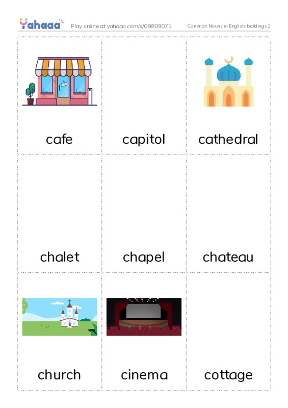 Common Nouns in English: buildings 2 PDF flaschards with images