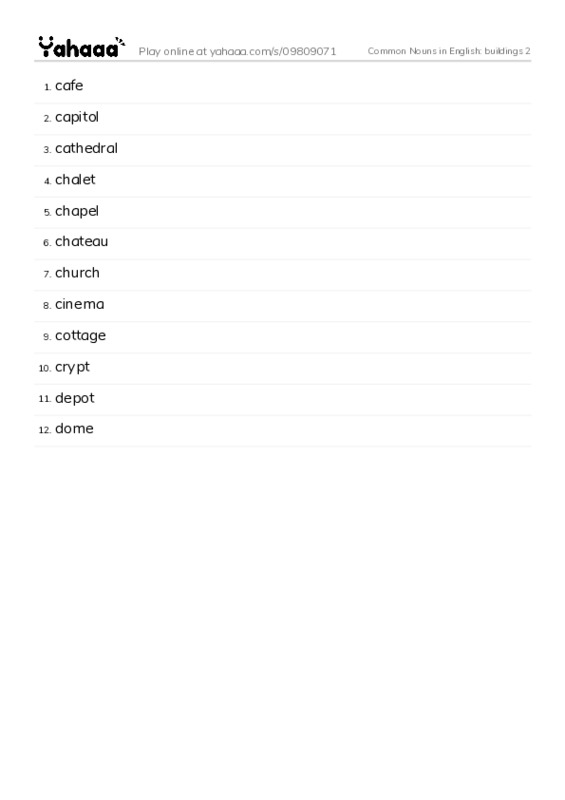 Common Nouns in English: buildings 2 PDF words glossary
