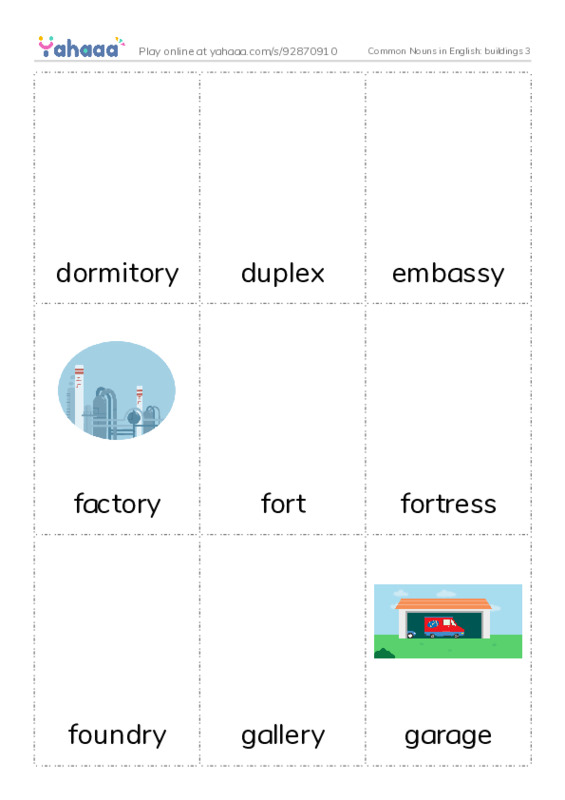 Common Nouns in English: buildings 3 PDF flaschards with images