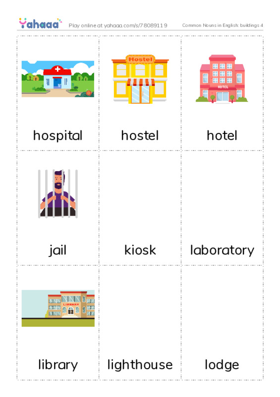 Common Nouns in English: buildings 4 PDF flaschards with images